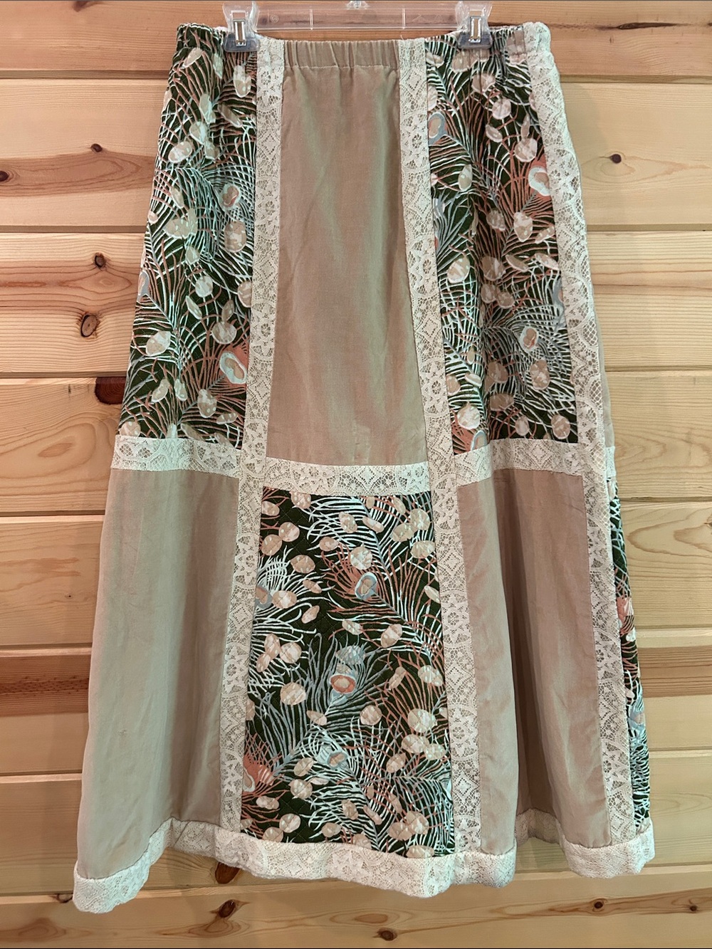Vintage Chessa Davis Patchwork  Maxi Skirt in Velvet Beige and Olive Floral, XL